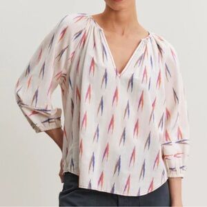 Velvet by Graham & Spencer Skye Ikat Print Cotton Top Boho Peasant Multicolor